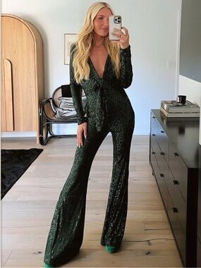 NEW Show Me Your Mu Mu Holiday Emerald Martina Jumpsuit Glitz Sequins